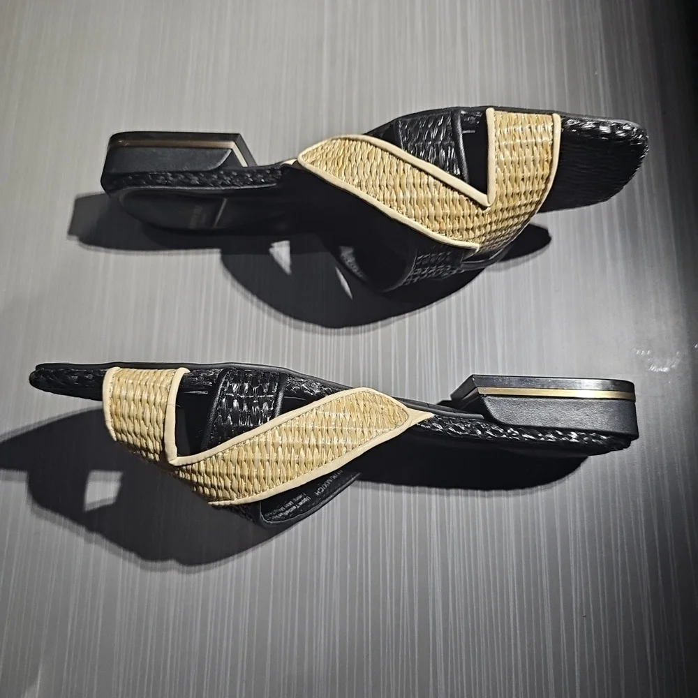 Kenneth Cole Issa Raffia Two Tone Black Natural‎ Slides Sandals Women's 8M NEW